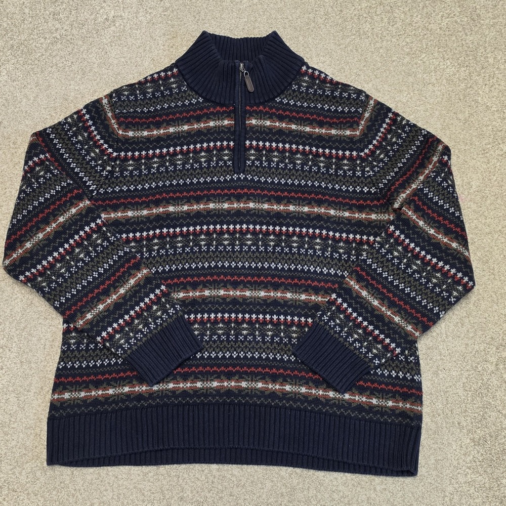 L.L.Bean Mens Large Fair Isle Sweater Quarter Zip Cotton Nordic Navy Pullover